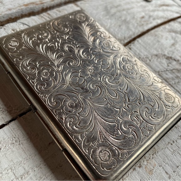 VTG 80s Engraved Cigarette Card Cash Holder Metal Pocket Case - Picture 8 of 10